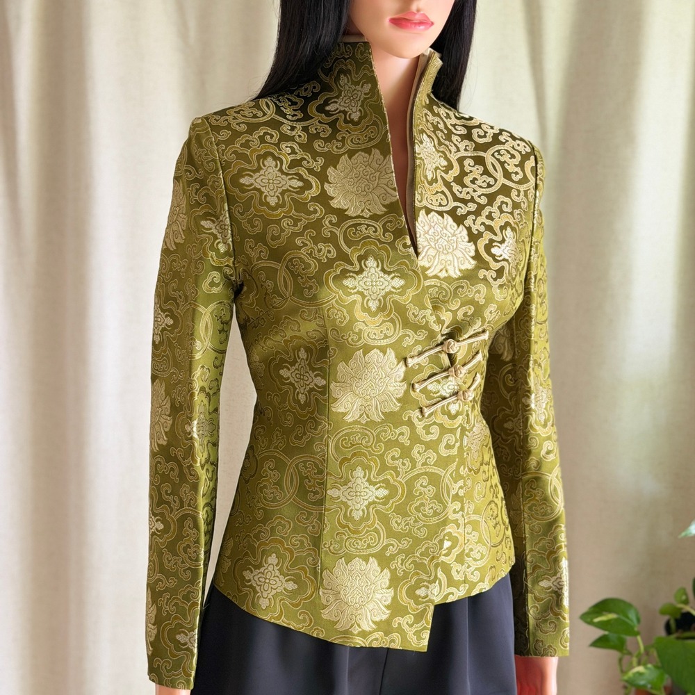Vtg 90s Women 100% Silk Brocade Mandarin Collar Frog Closure Jacket Olive Gold 8